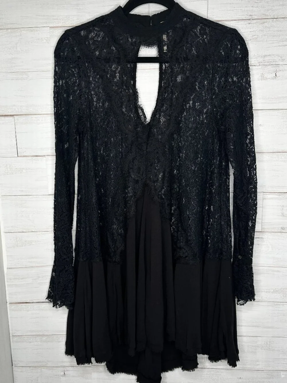Free People Tell Tale Sheer Lace Tunic Mini Dress in Black Size Small